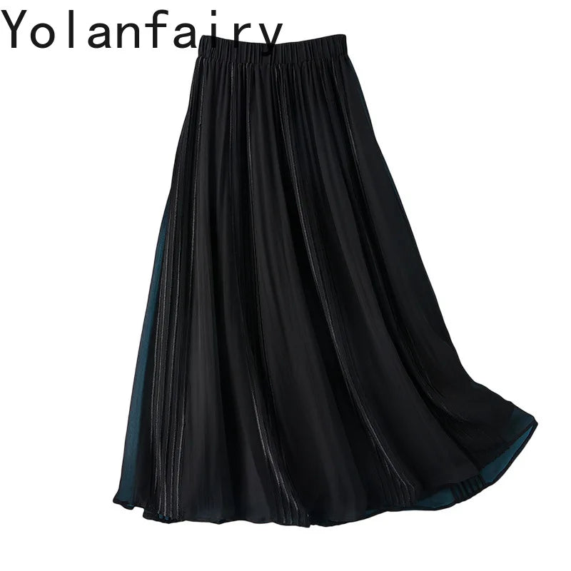 YOLANFAIRY 8mm 100% Real Mulberry Silk Skirts for Women 2026 Summer Solid Elastic Waist Skirt Woman Elegant Black Skirt Fashion