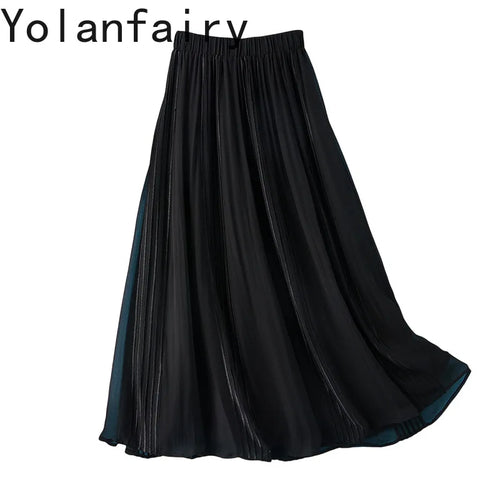 YOLANFAIRY 8mm 100% Real Mulberry Silk Skirts for Women 2026 Summer Solid Elastic Waist Skirt Woman Elegant Black Skirt Fashion