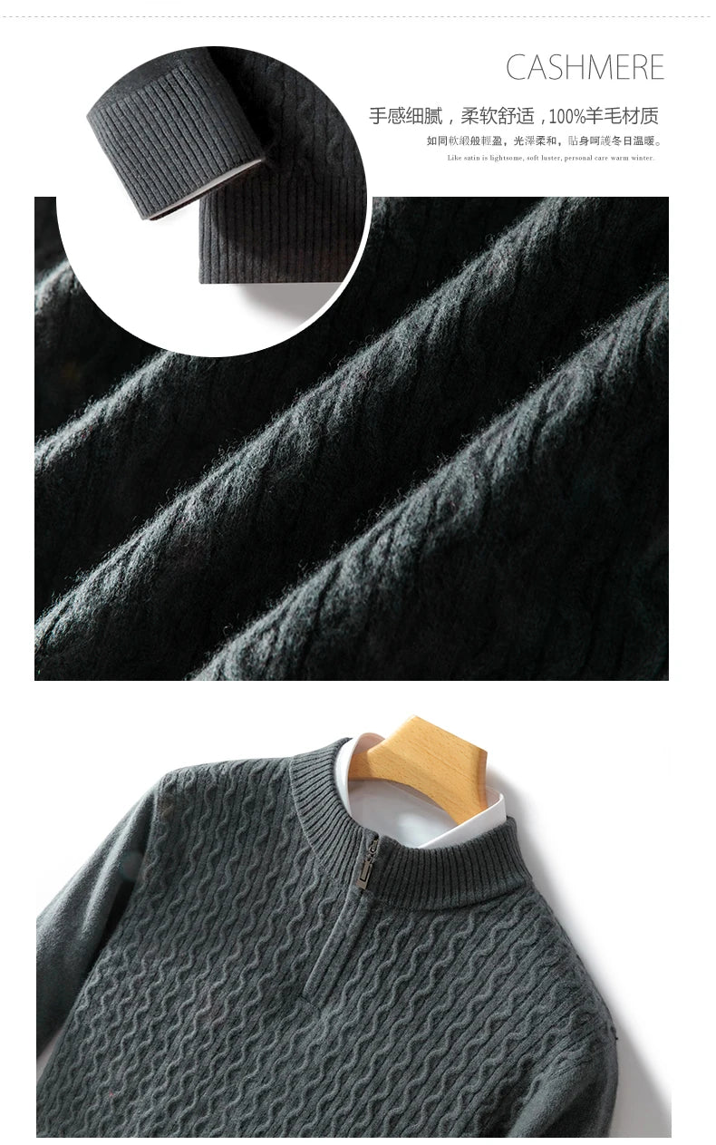 2024 Autumn Winter New Men's Half-High-Neck Thick 100% Pure Wool Sweater Long-Sleeved Business Warm Cashmere Bottoming Shirt Top