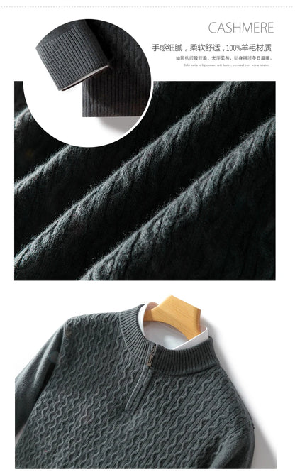 2024 Autumn Winter New Men's Half-High-Neck Thick 100% Pure Wool Sweater Long-Sleeved Business Warm Cashmere Bottoming Shirt Top