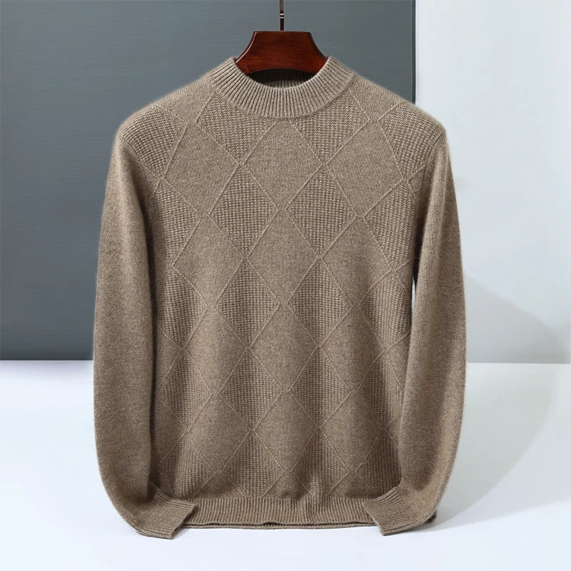 Autumn Winter New Style 100% Goat Cashmere Men's Mock Neck Diamond Knitted Base Shirt Casual Business Top Fashionable Knitwear