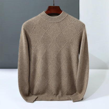 Autumn Winter New Style 100% Goat Cashmere Men's Mock Neck Diamond Knitted Base Shirt Casual Business Top Fashionable Knitwear
