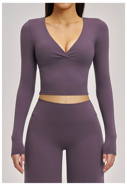 Deep-V Yoga Long Sleeve Solid Sports T-shirts Women's Gym Workout Shirts Sexy Quick Dry Fitness Long Sleeve Female Yoga Shirts