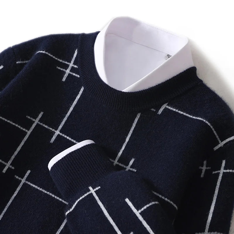 Autumn/Winter 100% Pure Wool Men's O-Neck Thick Business Sweater Loose Casual Wool Knit Bottoming Shirt Men's Sweater