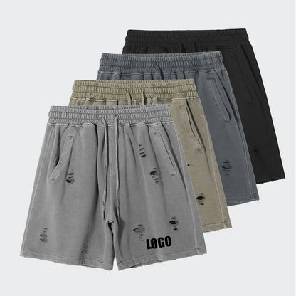 Customized LOGO Men's Heavy 100% Cotton High Street Wind Wash Old Loose Cut Couple Retro Shorts