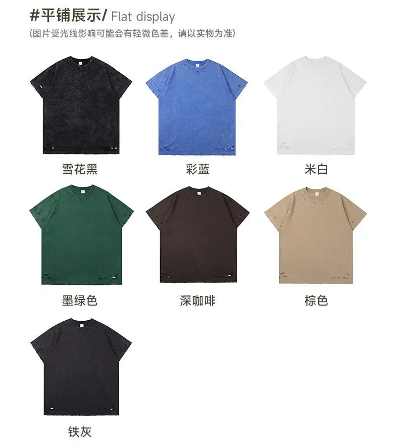 DIY Custom LOGO DIY 300gsm Heavy Thick Ripped Holes Short Sleeves T-shirt Solid Color Oversized Casual Summer Harakuju Tees