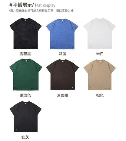 DIY Custom LOGO DIY 300gsm Heavy Thick Ripped Holes Short Sleeves T-shirt Solid Color Oversized Casual Summer Harakuju Tees