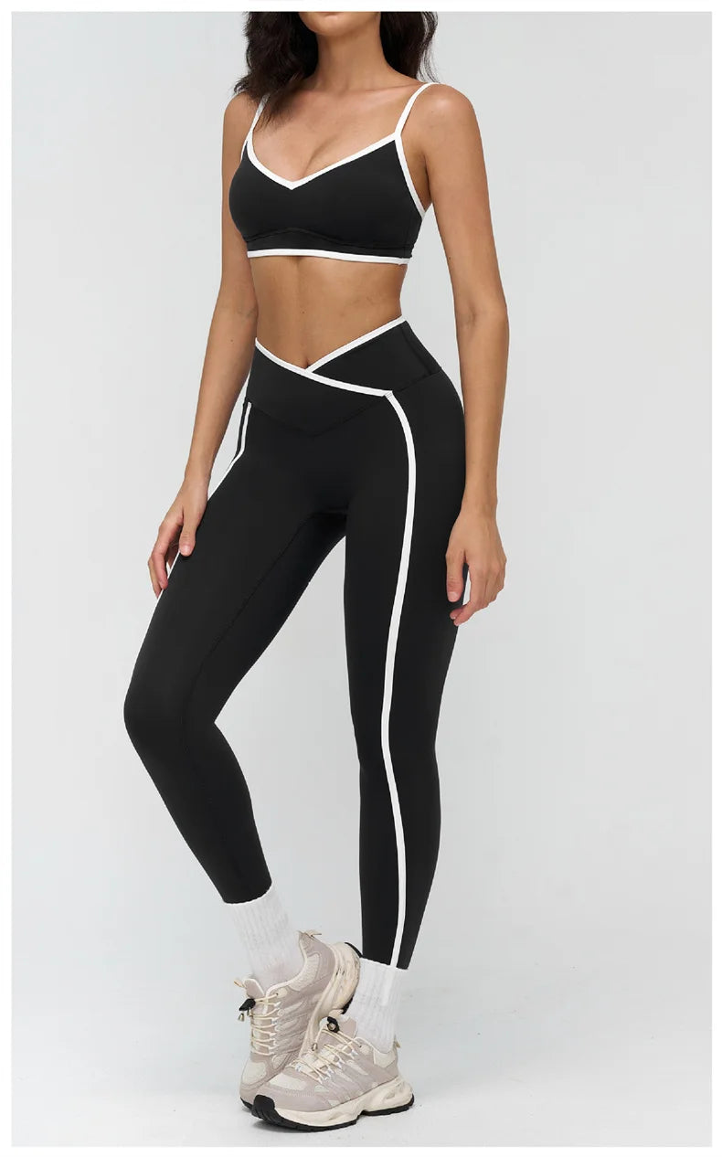 TRY TO BN Gym Set Sport Bra Women's Tracksuit Fitness Contrasting Color High Waist Leggings Two Pieces Suit Running Yoga Clothes