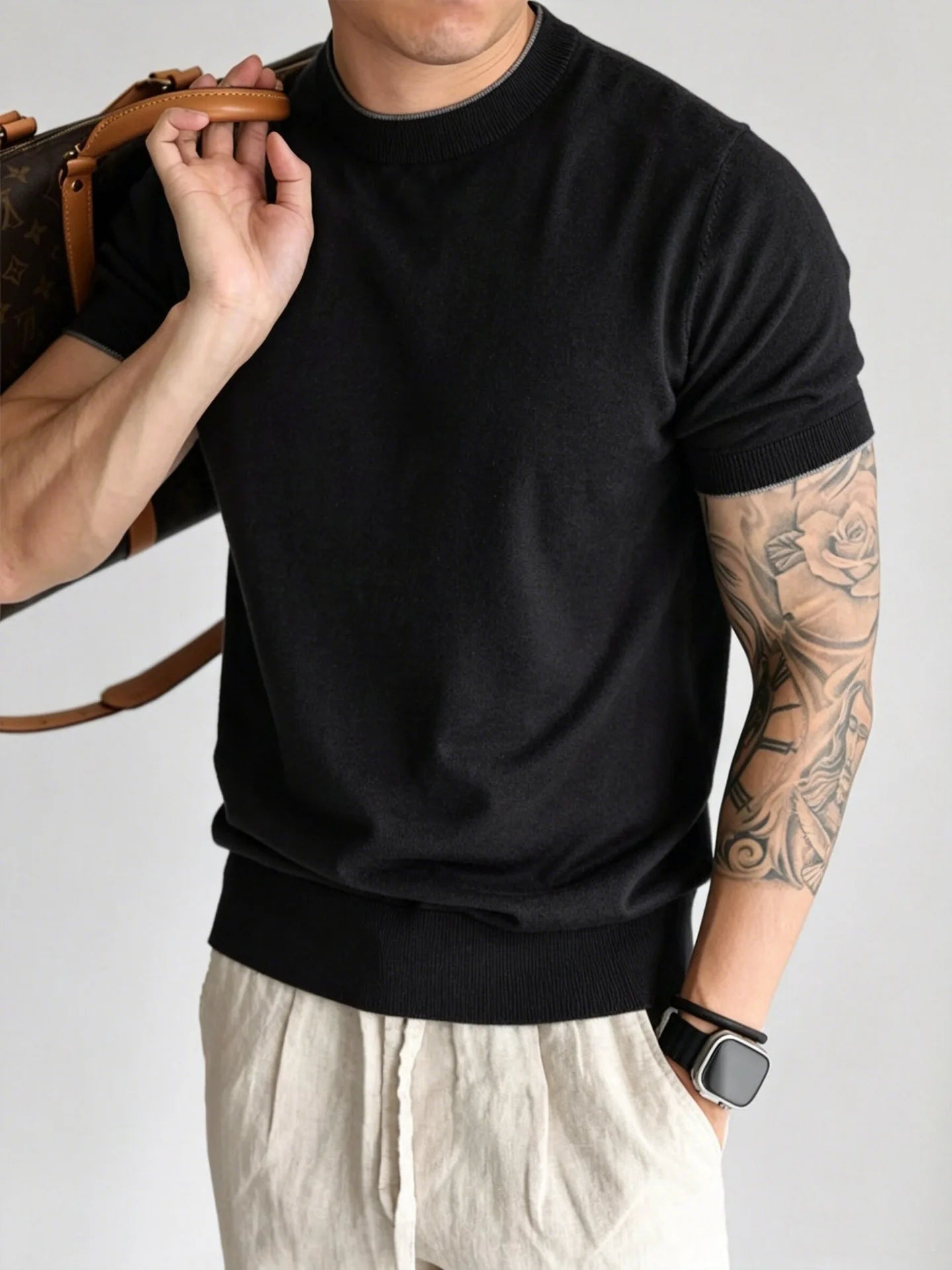Light Luxury Cashmere Blend Anti Pilling Knitted Short Sleeved Round Neck T-shirt for Men, Retro Casual Business Summer Shirt