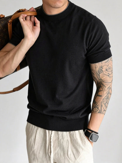 Light Luxury Cashmere Blend Anti Pilling Knitted Short Sleeved Round Neck T-shirt for Men, Retro Casual Business Summer Shirt
