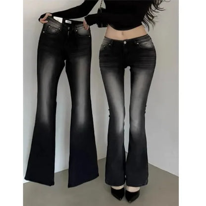 Low Waist Stretchy Slimming Long Legging Effect Bell Bottoms Korean Style Sexy Girl Jeans High Waist Slim Fit Faded Denim