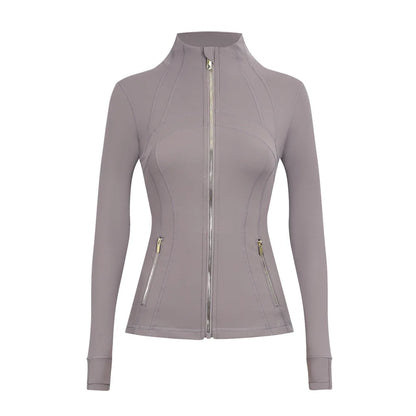 Personalized LOGO custom women's gold zip jacket tight stand-up collar quick-drying fitness running yoga suit 41-color S-3XL top