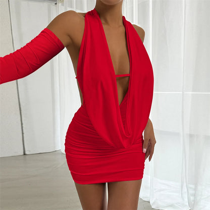 V Neck Halter Pleated Summer Dress Evening Party Bodycon Dress Elegant Mini Dress For Women Tight Dress Clubwear Vestidos VD367