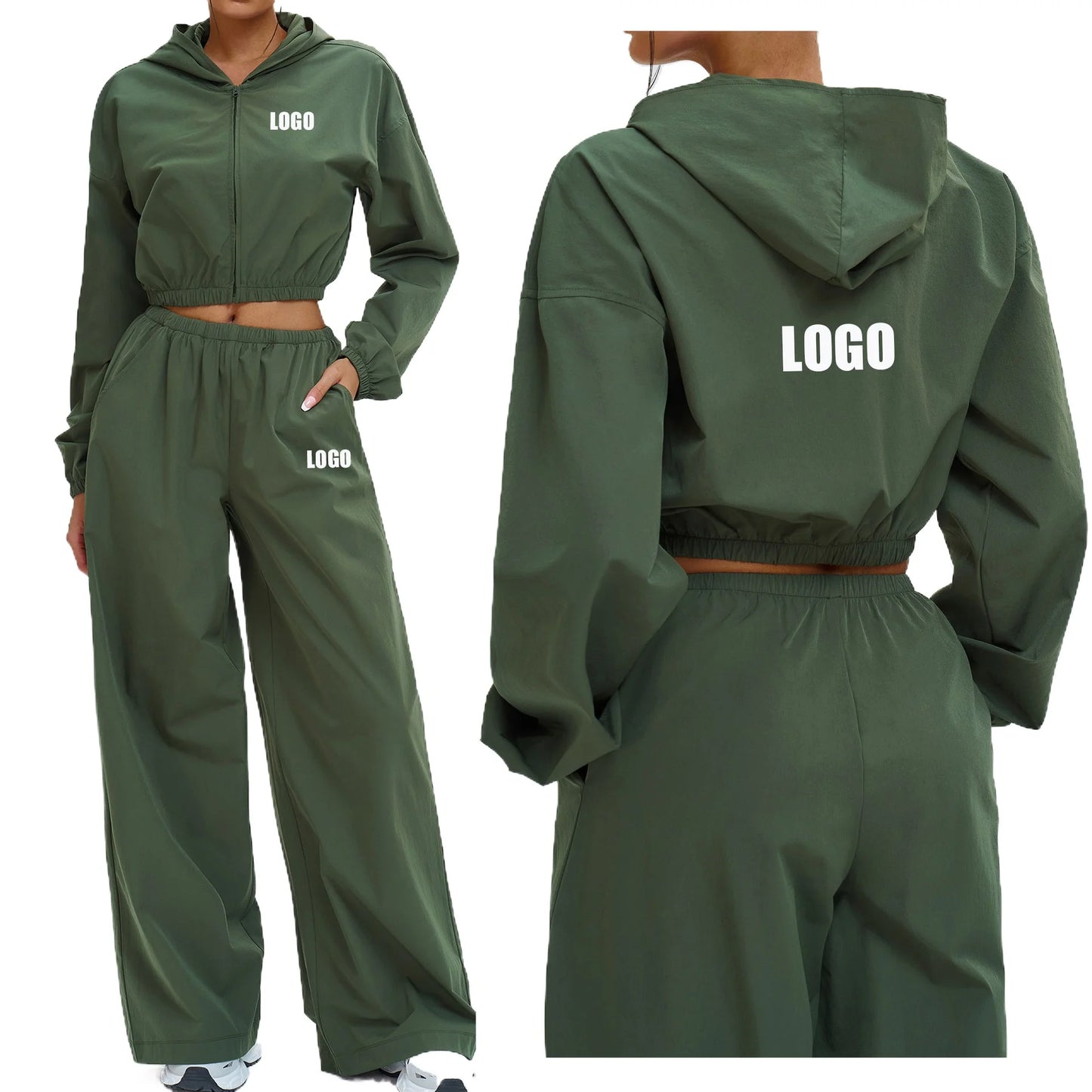 Custom LOGO Women's Sports Sunscreen Zipper Windproof Hooded Casual Suit Outdoor Sports Riding Two-piece Set