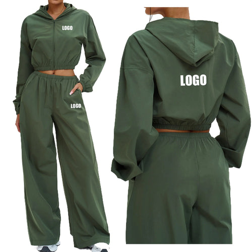 Custom LOGO Women's Sports Sunscreen Zipper Windproof Hooded Casual Suit Outdoor Sports Riding Two-piece Set