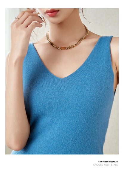 Women's Spring and Autumn 2026 New 100% Merino Wool V-Neck Pullover Knitted Suspender Casual Soft Inner Vest Women's Clothing