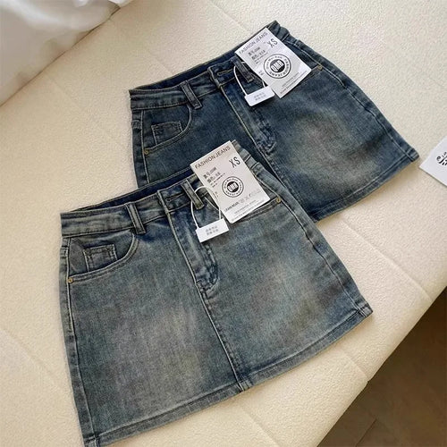 Sexy Retro Denim  Skirt Women's Anti-Light Versatile High Waist A-Line Slimming American Hot Girl Bodycon Half-length Ski...