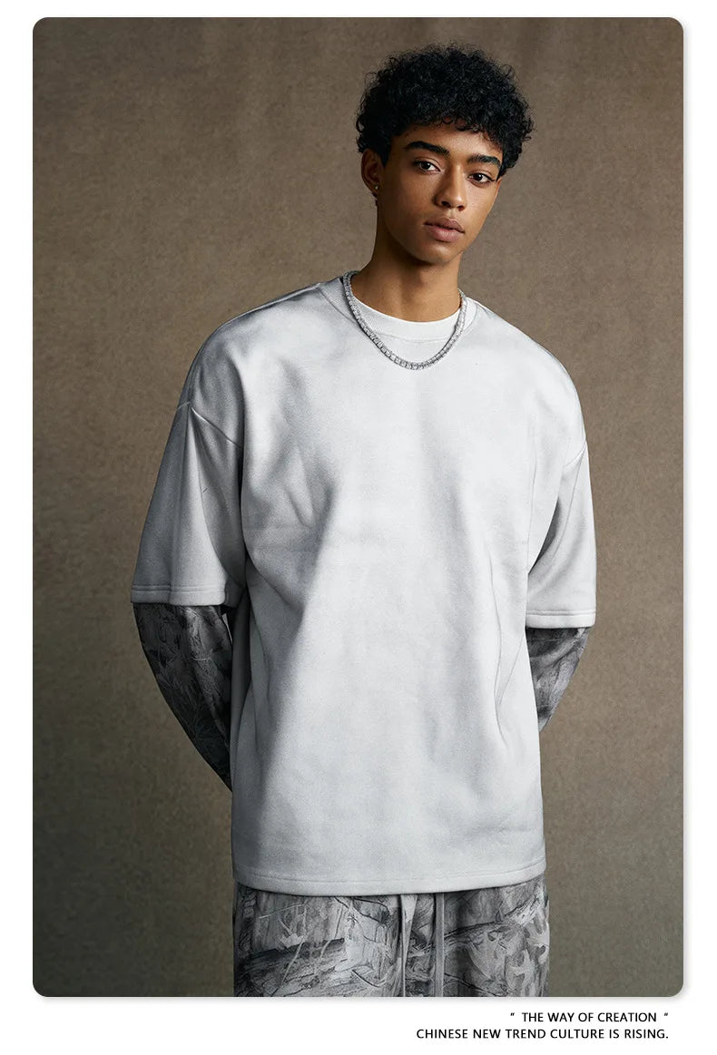 Custom LOGO Men's 2025 Autumn New 340G fleece-lined Fake Two-piece Camouflage Sweater T-Shirt Casual Pants Set