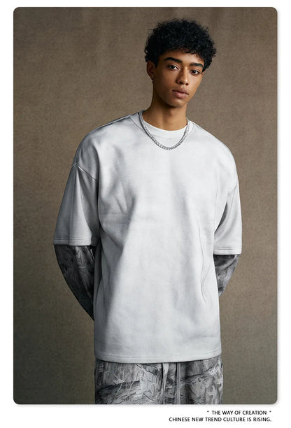 Custom LOGO Men's 2025 Autumn New 340G fleece-lined Fake Two-piece Camouflage Sweater T-Shirt Casual Pants Set