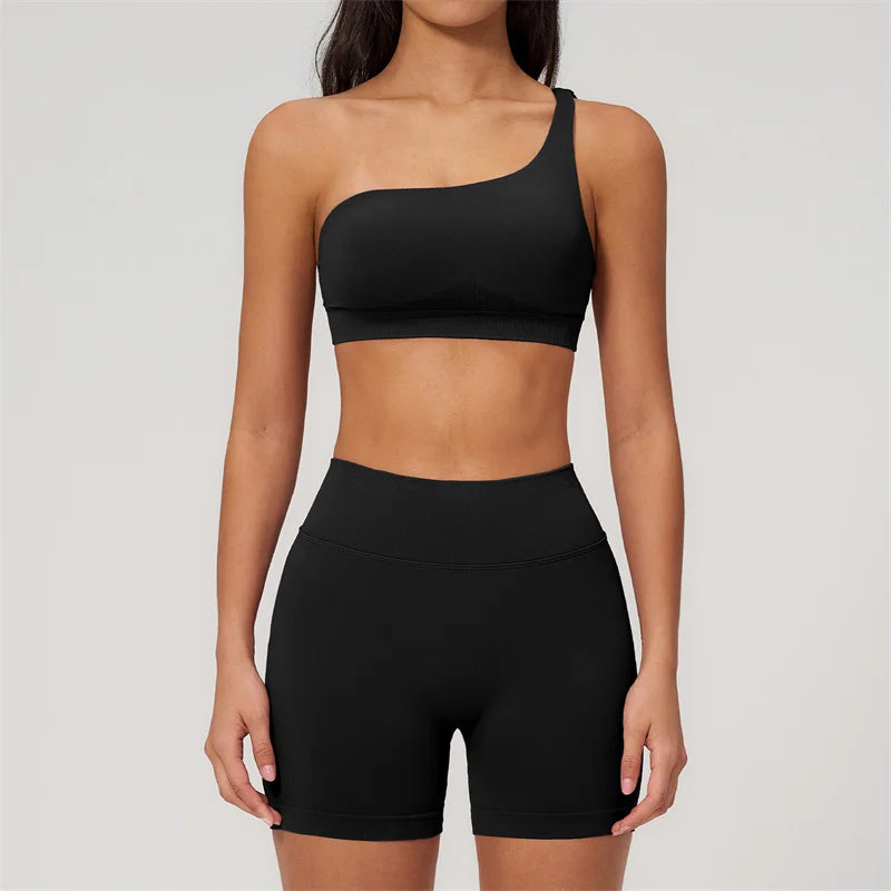 TRY TO BN Seamless Two Pieces Women's Tracksuit Yoga Shorts Set One-shoulder Hollow Backless Fitness Running Workout Gym Clothes