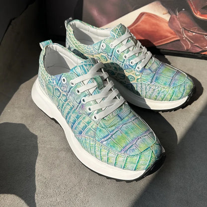 Designer real crocodile leather hand-painted aurora blue men's fashion sneakers crocodile leather men's lace-up casual shoes