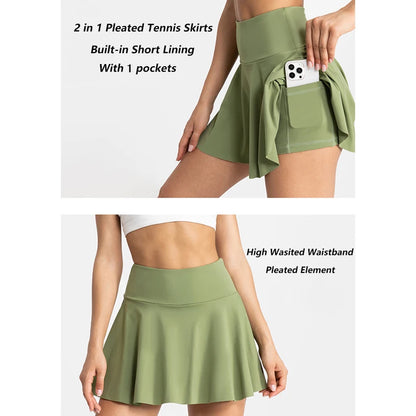VITALINOVO Pleated Tennis Skirts for Women with Pockets High Waisted Athletic Skirts with Shorts 2 in 1 Gym Workout Golf Skorts