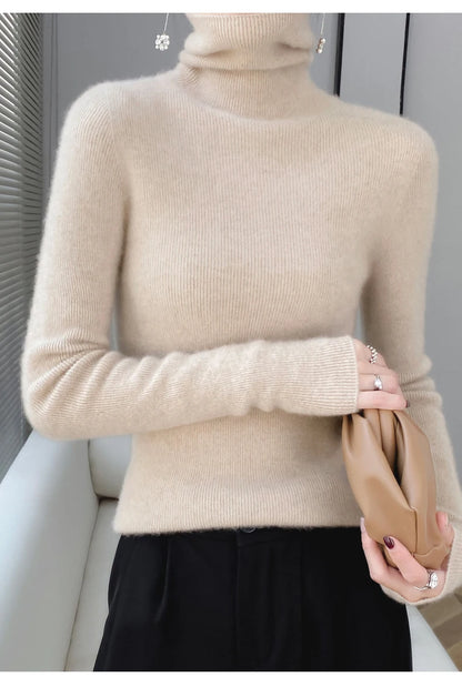 100% Merino Wool Long-sleeved Turtleneck Pullover Women's Autumn Winter Slim Sweater Basic Women's Clothes Cashmere Sweater