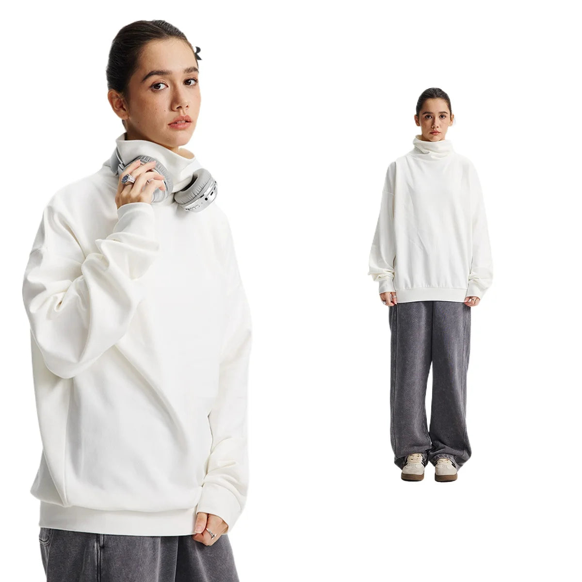 Custom LOGO Men's 305G Spring  Autumn New Cotton Polyester Turtleneck Casual Warm  High Elastic Couple Long Sleeve T-Shirt