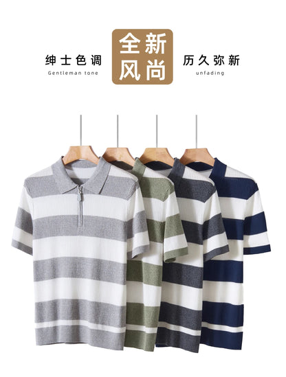 Men's 100% Lyocell POLO Collar Striped T-Shirt Knit Pullover Summer New Bussiness Casual Half-zip Short-sleeved Jumper Menswear