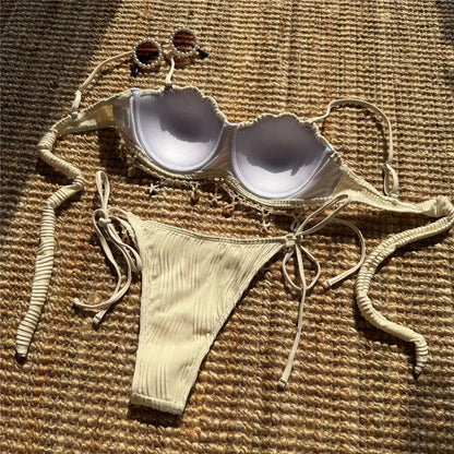 New Shell Scalloped Ribbed Underwired Bikini Female Swimsuit Women Swimwear Two-pieces Bikini set Bather Bathing Suit Swim V6498