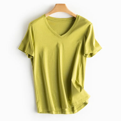 SuyaDream Women Solid T shirts, Silk Cotton Blend, O Neck, Short Sleeved Solid Tee,2025 Summer Candy Colors Basic Cozy Top Green