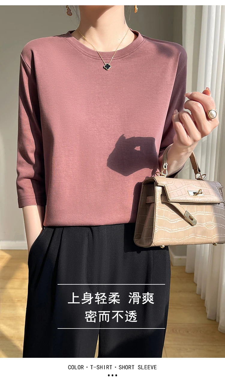 Spring And Summer New White Mercerized Cotton Short Sleeve T-Shirt Feminine Joker Cotton Cropped Sleeve Bottoming Shirt