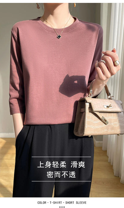 Spring And Summer New White Mercerized Cotton Short Sleeve T-Shirt Feminine Joker Cotton Cropped Sleeve Bottoming Shirt