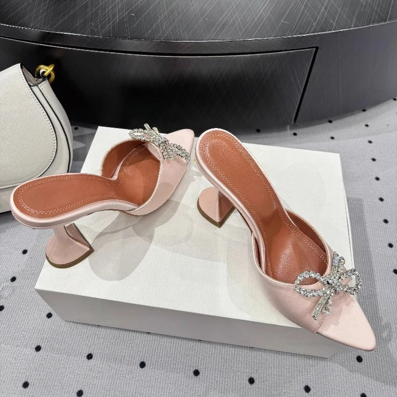 New Bow Rhinestone High-heeled Sandals Sexy Open-toed Fish Mouth Pointed Rear Empty Cool Slippers Women