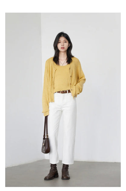 CHIC VEN Women Pants White Slim High Waisted Cotton Straight Leg Casual Slim Leg Jeans Girl Trouser Spring Autumn 2025