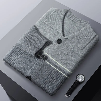 100% Merino Wool Men's Lapel Collar Knit Cardigan Coat 2025 Spring/ Autumn New POLO Neck Business Casual Cashmere Jacket Sweater