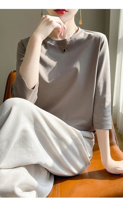 Spring And Summer New White Mercerized Cotton Short Sleeve T-Shirt Feminine Joker Cotton Cropped Sleeve Bottoming Shirt