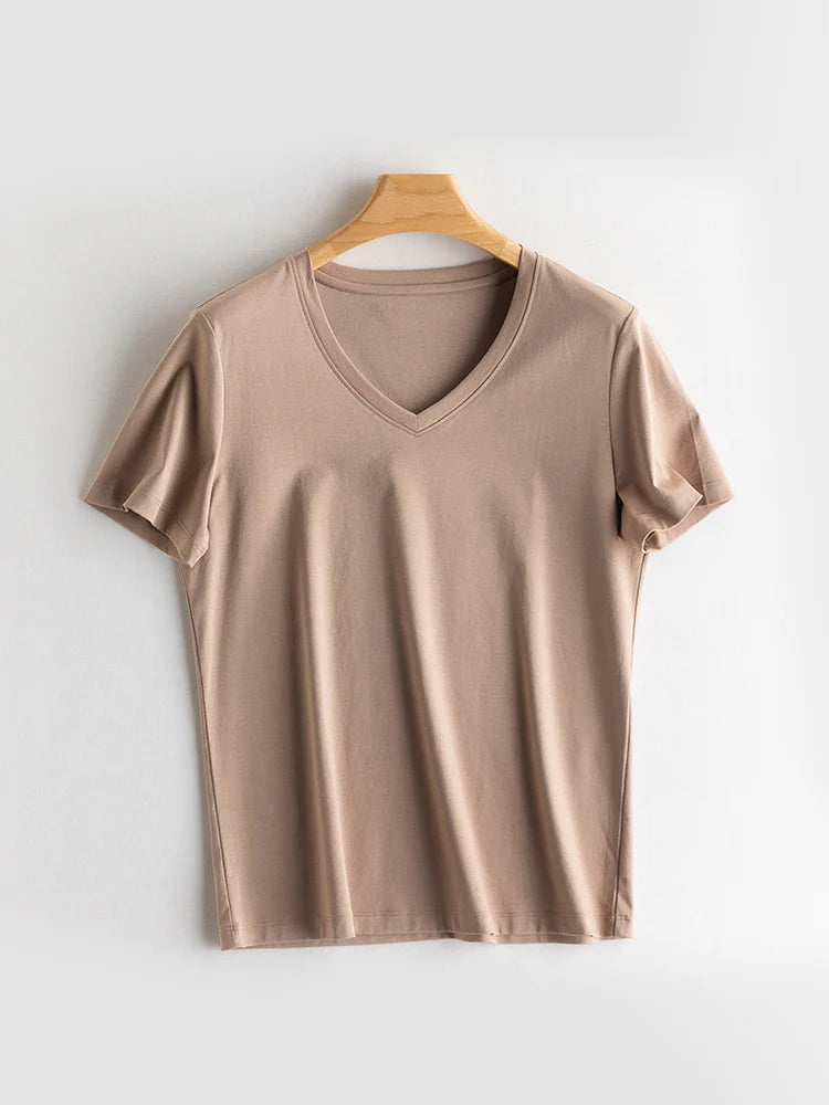 SuyaDream Women Solid T shirts, Silk Cotton Blend, O Neck, Short Sleeved Solid Tee,2025 Summer Candy Colors Basic Cozy Top Green