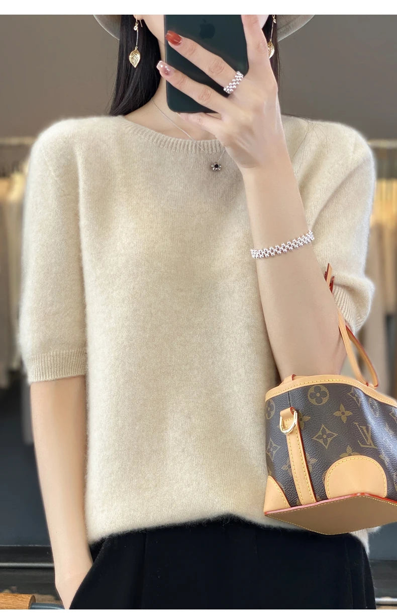 100% Merino wool women's O neck knitted T-shirt Korean pullover short sleeve sweater women's basic solid color half sleeve women
