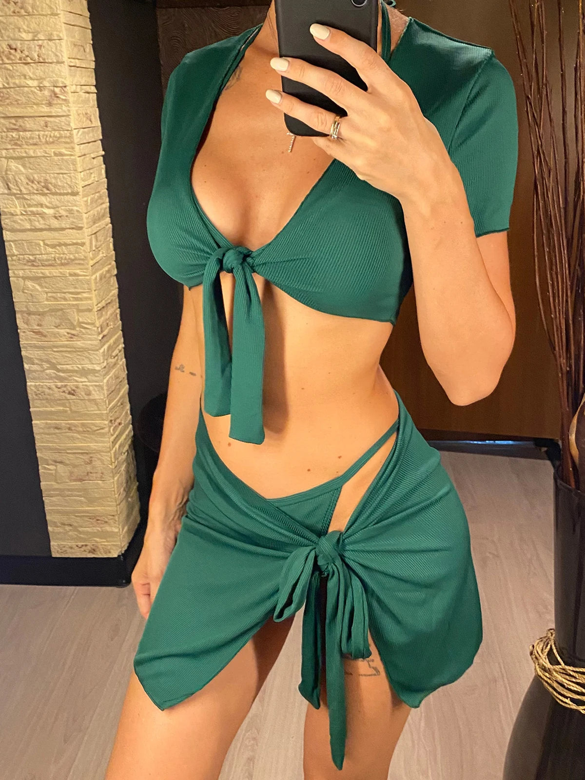 XS - L Ribbed Halter Bikini Women Swimwear Female Swimsuit Four-pieces Bikini set With Sarong Bather Bathing Suit Swim V3152B