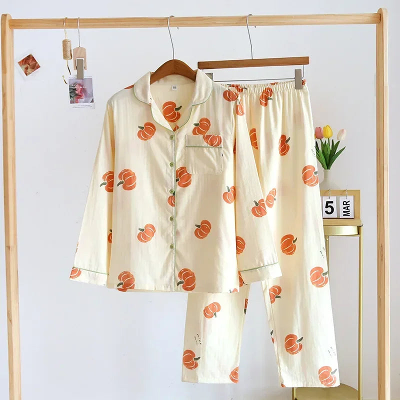 Spring/Summer 2026 New Women's 100% Cotton Gauze Thin Long Sleeve Pants Two Piece Cardigan Homewear Set Sleepwear Pijama