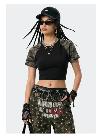 Custom LOGO Women's American Street Spice Girl Camouflage Ragged Short Sleeve T-Shirt 210G Cotton Slim-fit Contrast Top