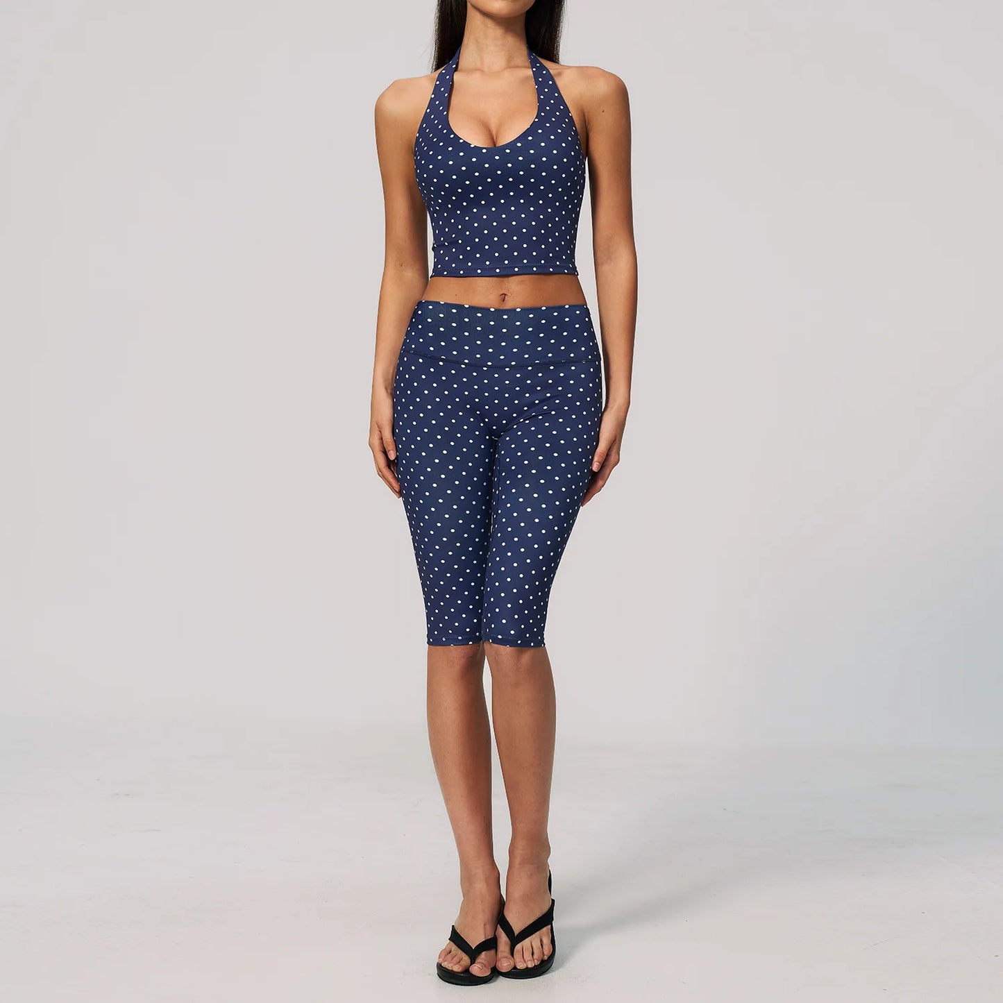 Custom LOGO women's new yoga clothes polka dot printing deep V high elastic three-dimensional fitness two-piece set