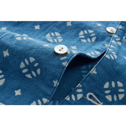 Vintage Indigo Print Shirt Men Summer New Blue Dyed Cuban Lapel Short Sleeve Single Breasted Shirt Cotton Casual Cardigan Tops