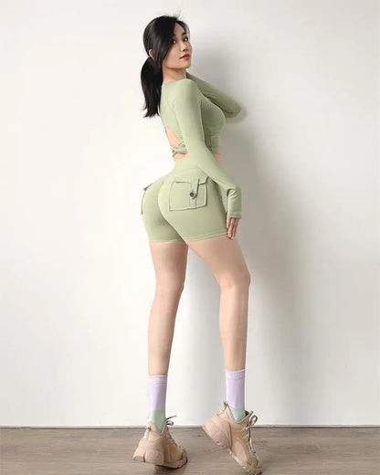 TRY TO BN Women Sport Shorts Pockets Gym Sexy High Waist Workout Push Up Booty Scrunch Biker Shorts Pants Fitness Cycling Tights