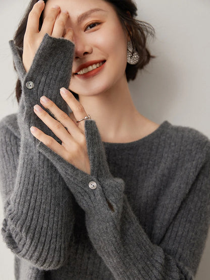 CHICUU Women's 100% Cashmere Knit Pullover Sweater Cut Out Collar Long Sleeve Pullover Autumn Winter Basic Cashmere Knitwear Top
