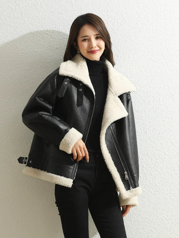 Trend Winter Natural Fur Coat Women’s Real Sheep Shearing Fur Jacket Female Sheepskin Coats Lamb Fur Motorcycle Jacket Manteaux