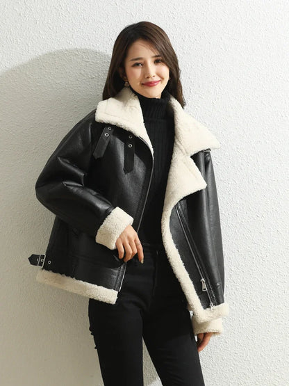 Trend Winter Natural Fur Coat Women’s Real Sheep Shearing Fur Jacket Female Sheepskin Coats Lamb Fur Motorcycle Jacket Manteaux