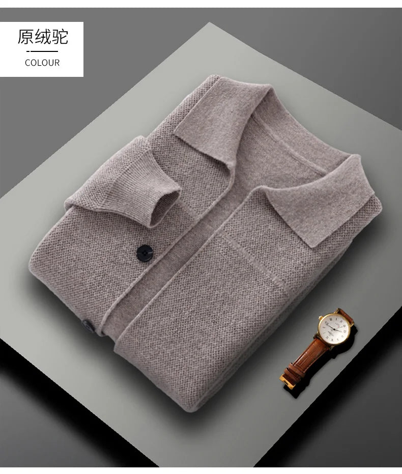 100% Merino Wool Men's Lapel Collar Knit Cardigan Autumn Winter Thicken Solid Color POLO Neck Suit Shirt Cashmere Jacket Sweater