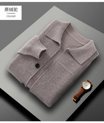 100% Merino Wool Men's Lapel Collar Knit Cardigan Autumn Winter Thicken Solid Color POLO Neck Suit Shirt Cashmere Jacket Sweater